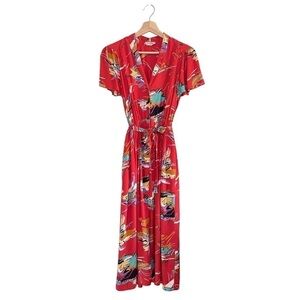 Vintage Saint Clair Paris Short Sleeve Tie Waist Midi Dress Red Abstract Print